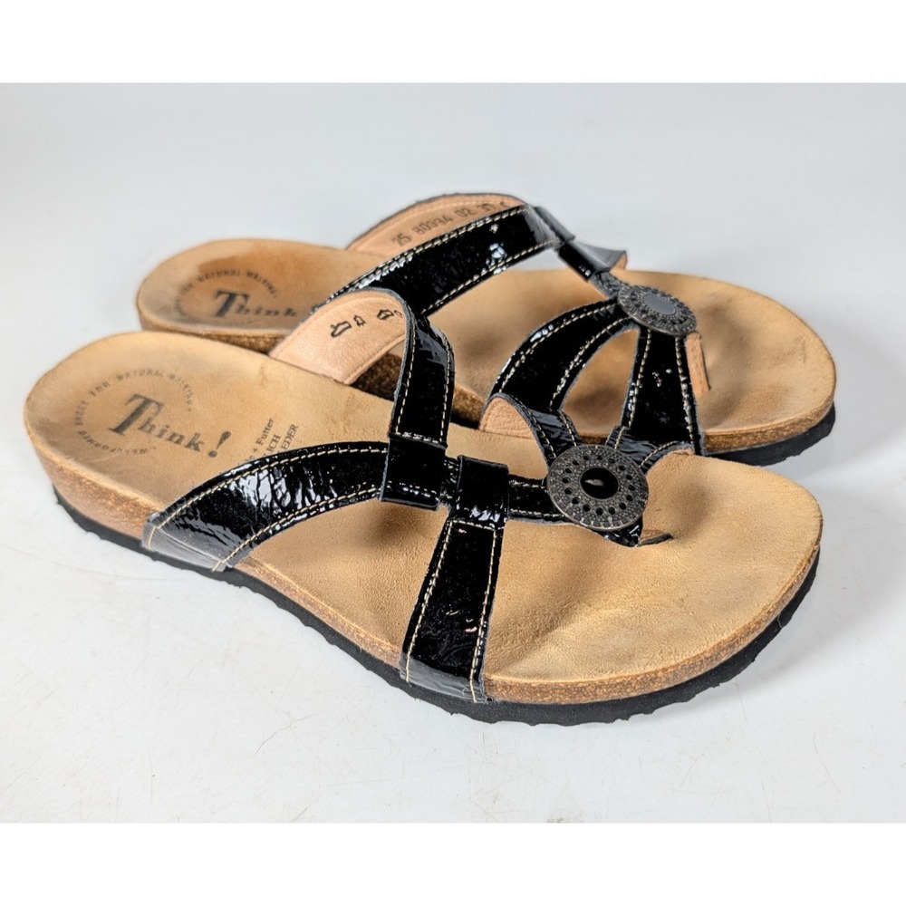 Think! Julia Casual Slip On Toe Loop Sandals Black Leather Size: 37 / 6.5-7